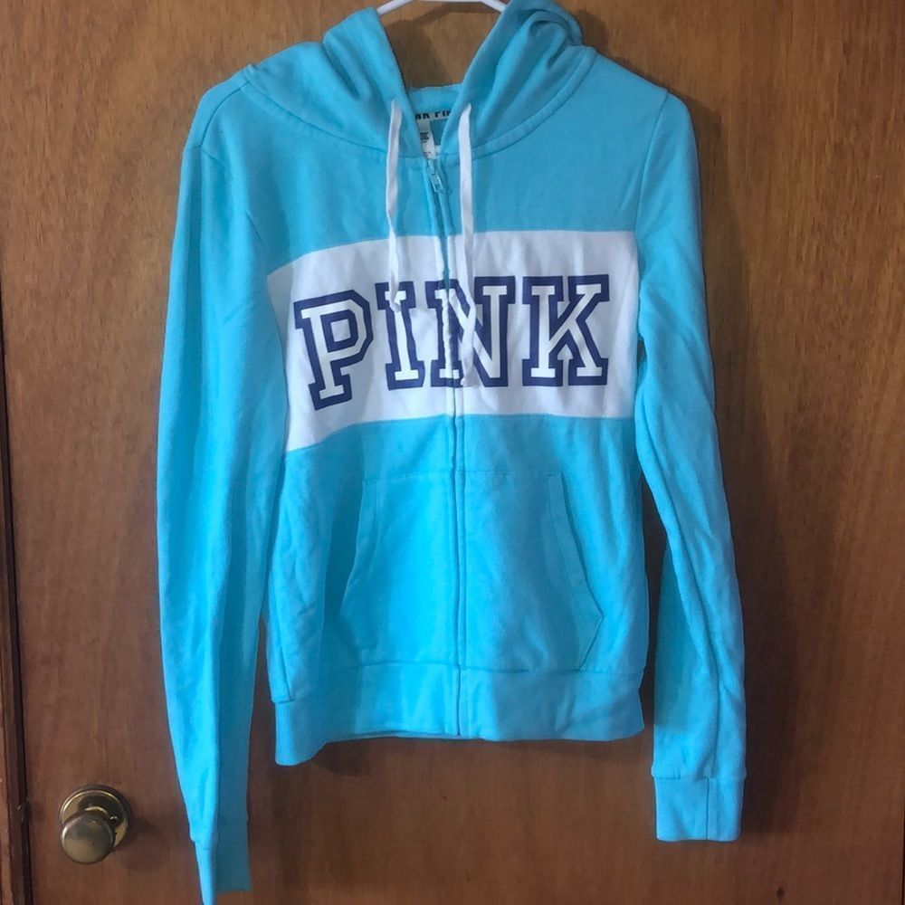 •PINK•TURQUOISE BLUE LOGO FULL ZIP HOODIE JACKET SIZE SMALL (EUC/LIKE NEW) - Picture 2 of 5